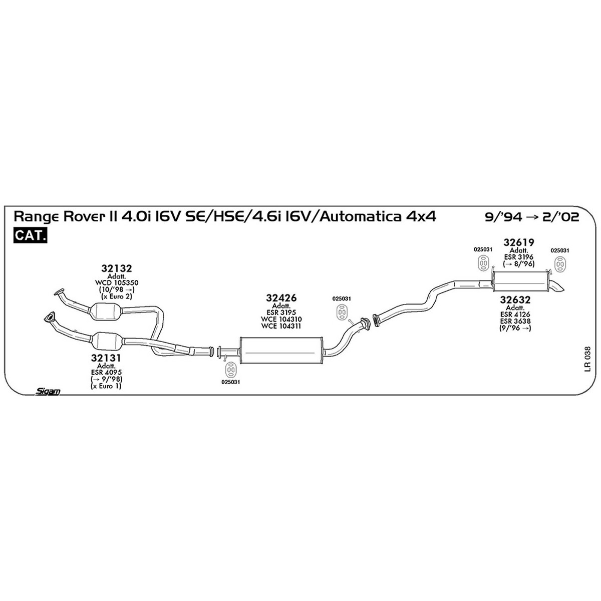 lr038 Marmitta centrale Land Rover Range Rover II LP 4.0i 16V SE / HSE 4X4 / Automatica 3950 cc 185 cv 136 kw Cat 09/94 -> 02/02 (32426) - immagine 1