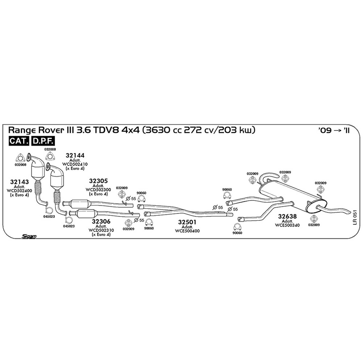 lr051 Tubo intermedio Land Rover Range Rover III L322 3.6 TDV8 4X4 3630 cc 272 cv 203 kw Cat DPF 2009 -> 2011 (32501) - immagine 1