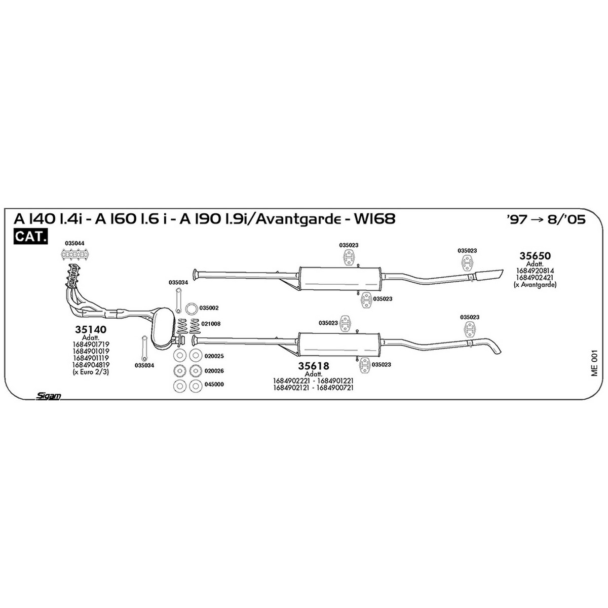 me001 Marmitta posteriore Mercedes Benz Classe A W168 140 / Avantgarde 1.4i 1397 cc 82 cv 60 kw Cat 1997 -> 06/05 (35618) - immagine 1