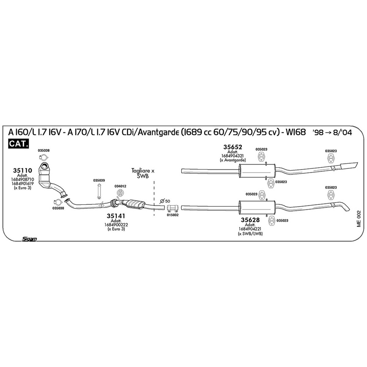 me002 Marmitta posteriore Mercedes Benz Classe A W168 160 1.7 16V CDi / L / Avantgarde 1689 cc 60 / 75 cv Cat 1998 -> 08/04 (35628) - immagine 1
