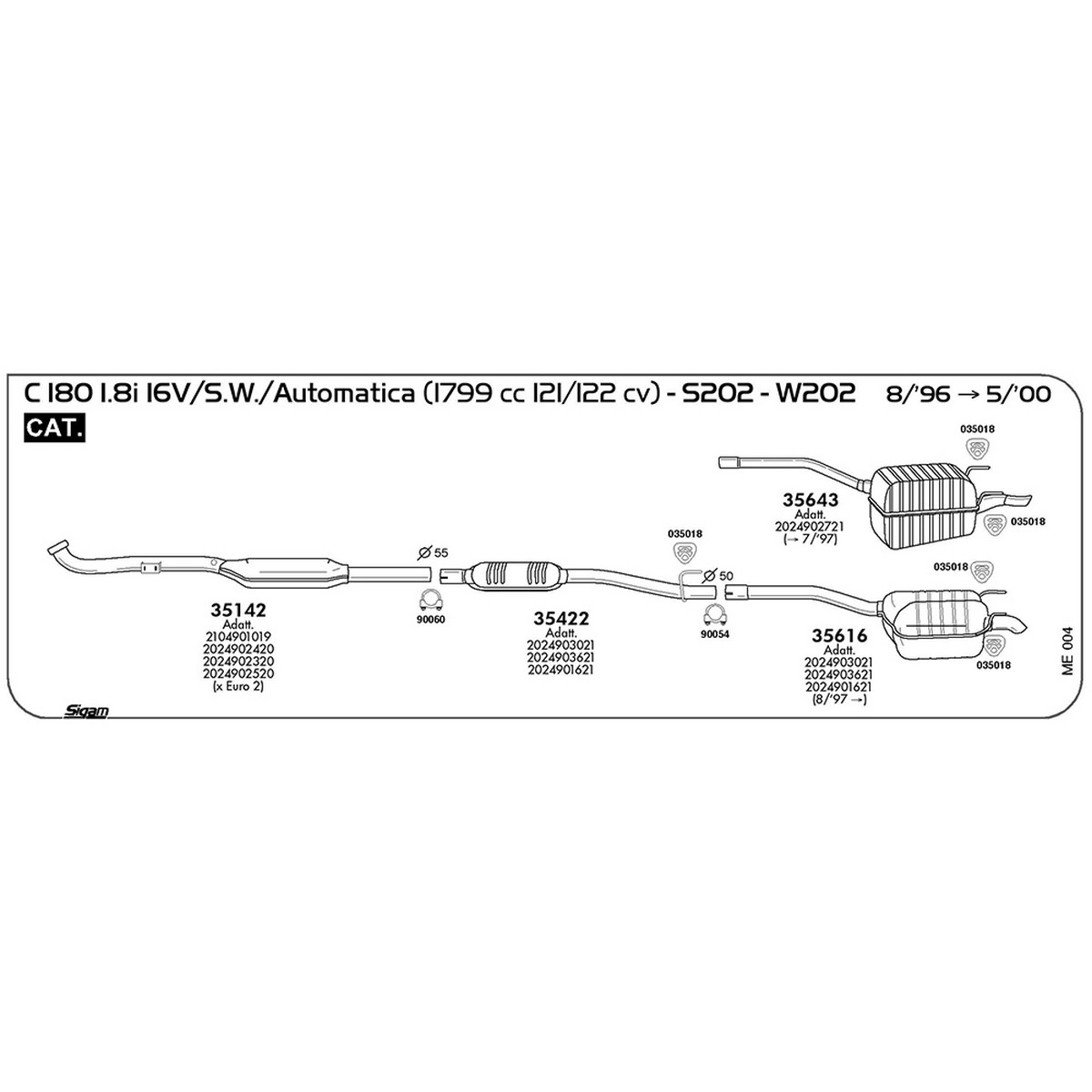 me004 Marmitta centrale Mercedes Benz Classe C S202 180 1.8i 16V S.W. / Automatica 1799 cc 121 / 122 cv Cat 08/96 -> 05/00 (35422) - immagine 1