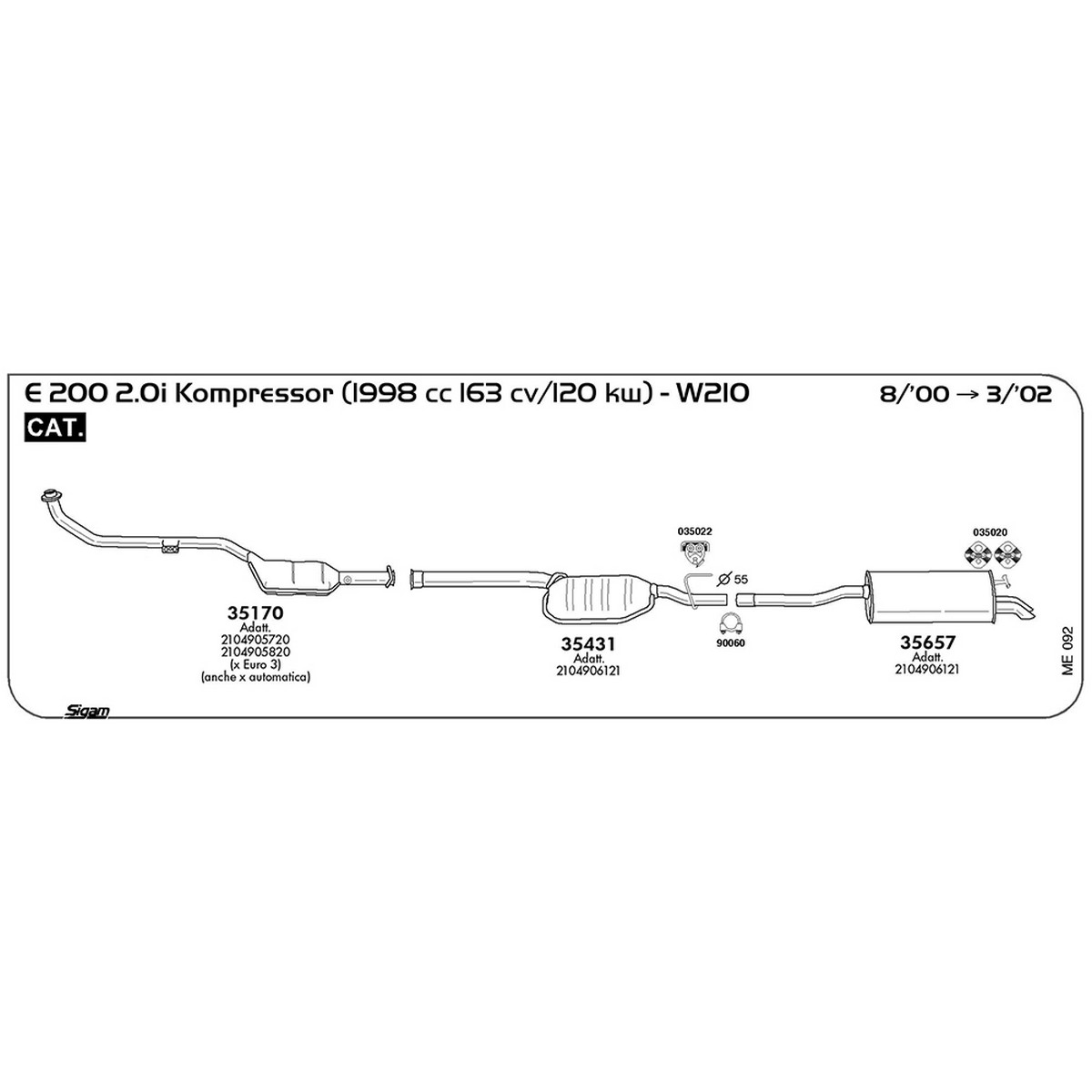 me092 Marmitta posteriore Mercedes Benz Classe E W210 200 2.0i Kompressor 1998 cc 163 cv 120 kw Cat 08/00 -> 03/02 (35657) - immagine 1
