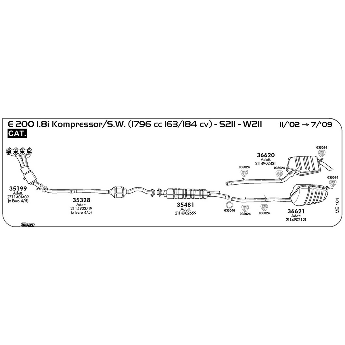 me164 Marmitta centrale Mercedes Benz Classe E W211 200 1.8i Kompressor / S.W. 1796 cc 163 / 184 cv Cat 11/02 -> 07/09 (35481) - immagine 1