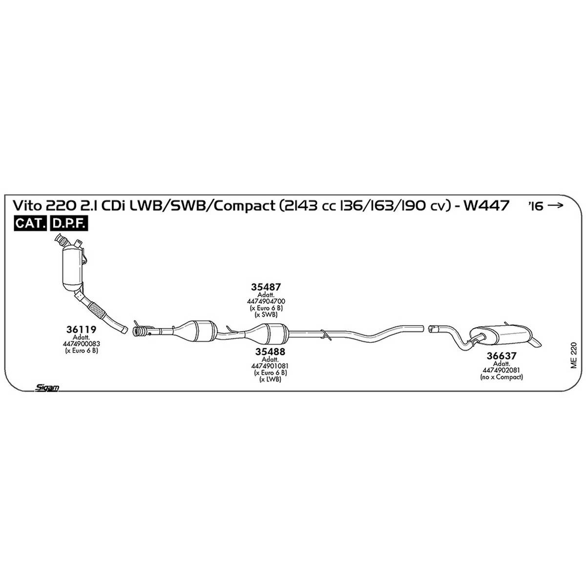 me220 DPF Mercedes Benz Vito W447 220 2.1 CDi LWB / SWB / Compact 2143 cc 136 / 163 / 190 cv Cat DPF 2016 -> (36119) - immagine 1