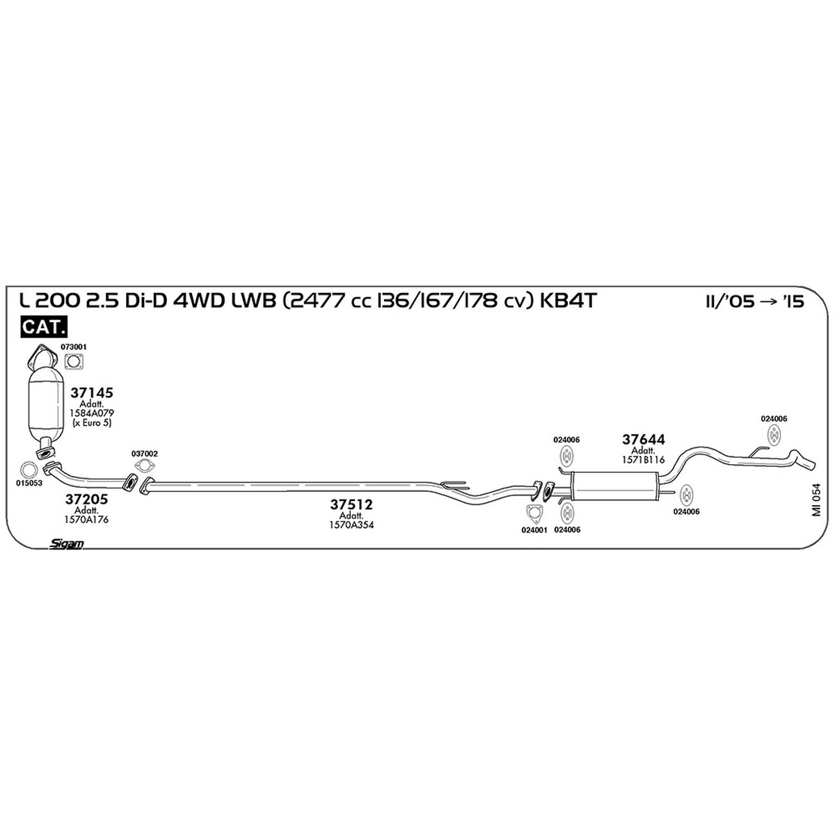 mi054 Tubo anteriore Mitsubishi L200 KB4T 2.5 Di D 4WD LWD 2477 cc 136 / 167 / 178 cv Cat 11/05 -> 2015 (37205) - immagine 1