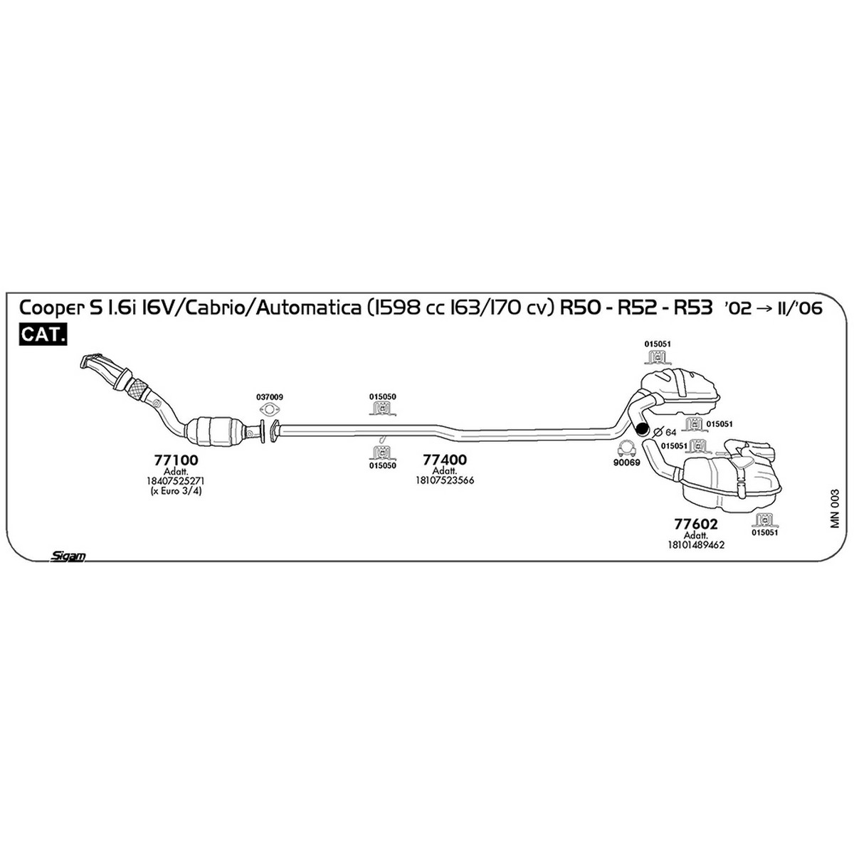 mn003 Marmitta centrale Mini Cooper S R52 1.6i 16V Cabrio / Automatica 1598 cc 163 / 170 cv Cat 2002 -> 11/06 (77400) - immagine 1