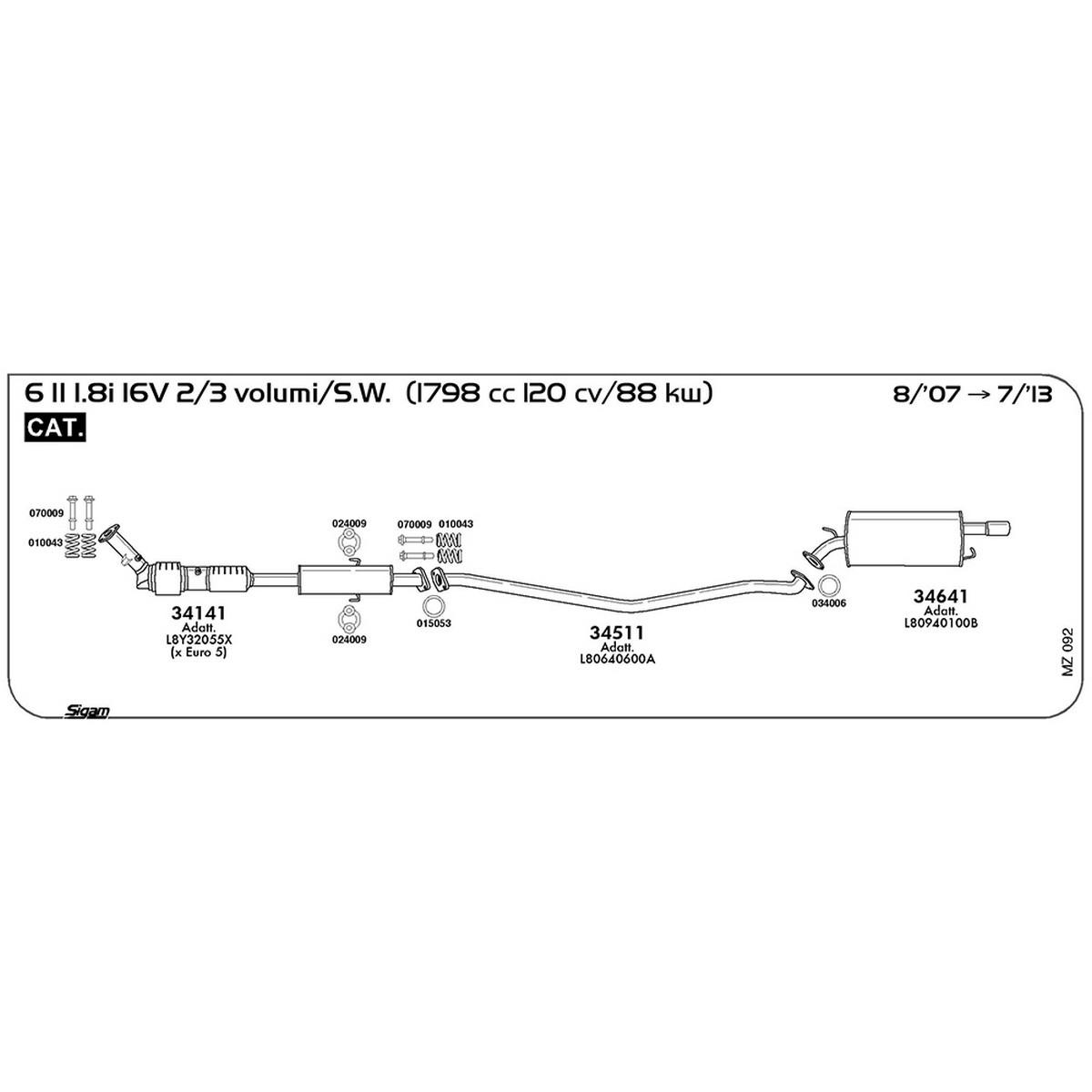 mz092 Tubo intermedio Mazda 6 II GH 1.8i 16V 2 / 3 volumi / S.W. 1798cc 120 cv 88 kw Cat 08/07 -> 07/13 (34511) - immagine 1