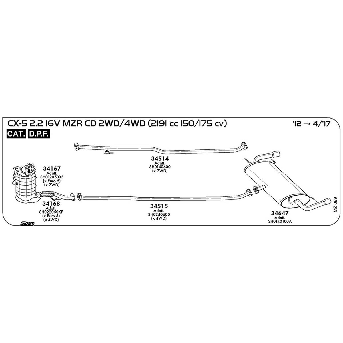 mz099 Marmitta posteriore Mazda CX-5 2.2 16V MZR CD 2WD / 4WD 2191 cc 150 / 175 cv Cat DPF 2012 -> 04/17 (34647) - immagine 1