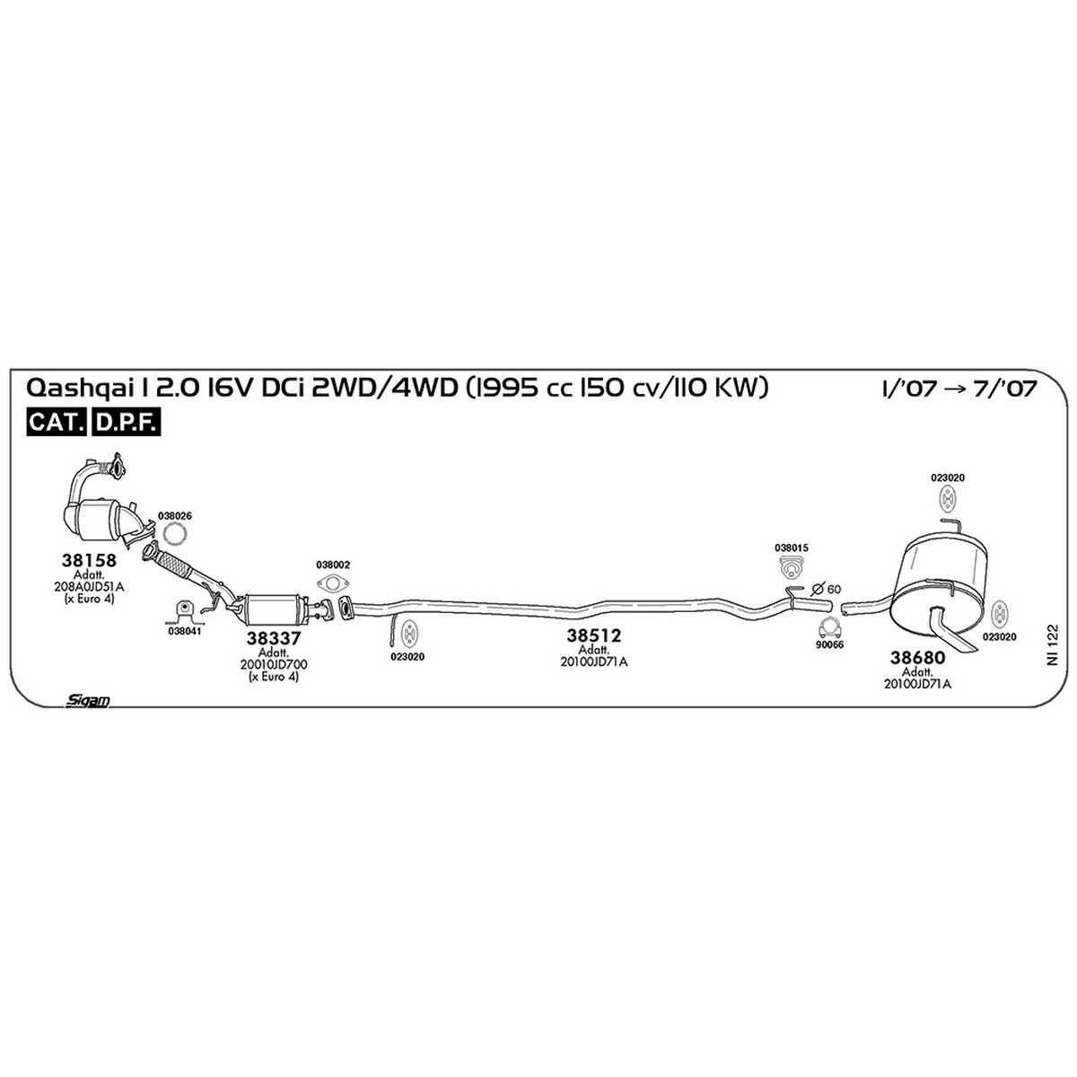 ni122 Tubo intermedio Nissan Qashqai I J10 2.0 16V DCi 2WD / 4WD 1995 cc 150 cv 110 kw Cat DPF 01/07 -> 07/07 (38512) - immagine 1
