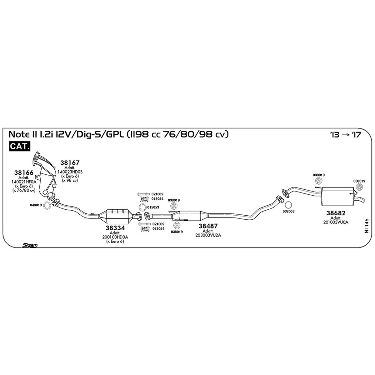 ni145 Marmitta centrale Nissan Note II E12 1.2i 12V / DIG-S / GPL 1198 cc 76 / 80 / 98 cv Cat 2013 -> 2017 (38487) - immagine 1