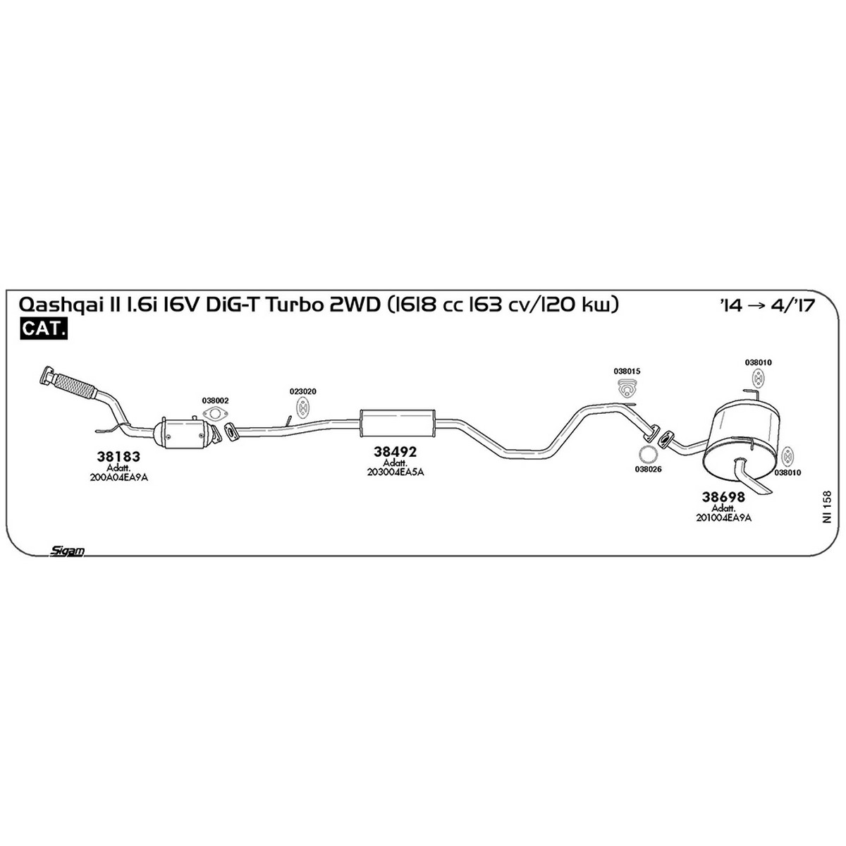ni158 Marmitta centrale Nissan Qashqai II J11 1.6i 16V DIG-T Turbo 2WD 1618 cc 163 cv 120 kw Cat 2014 -> 04/17 (38492) - immagine 1