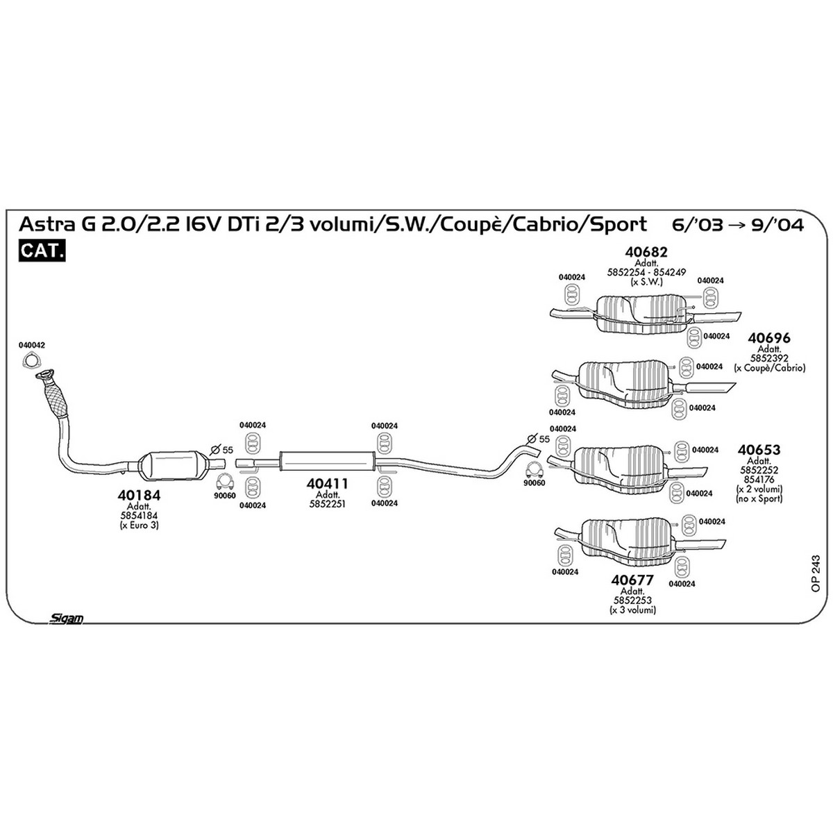 op243 Marmitta centrale Opel Astra G 2.0 16V DTi 2 / 3 volumi / S.W. / Sport 1995 cc 101 cv 74 kw Cat 06/03 -> 09/04 (40411) - immagine 1