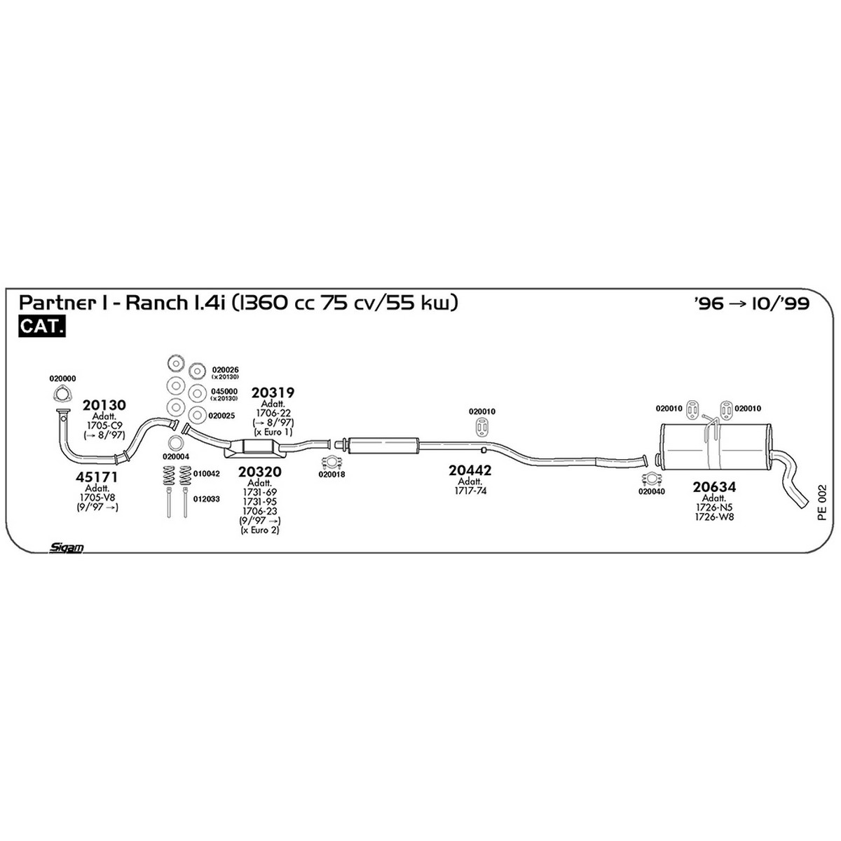 pe002 Tubo al collettore Peugeot Partner I 1.4i 1360 cc 75 cv 55 kw Cat 1996 -> 10/99 (20130) - immagine 1