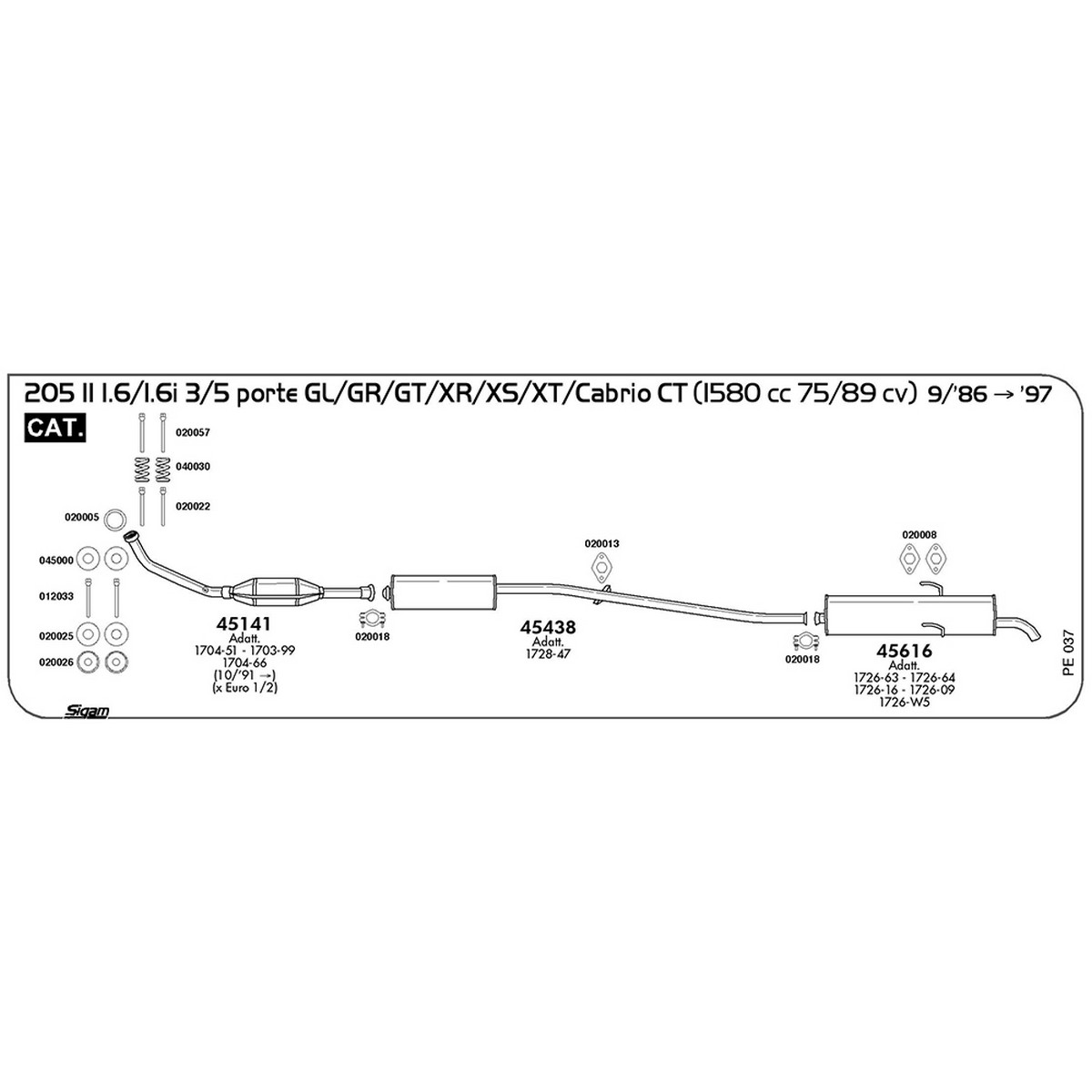 pe037 Marmitta posteriore Peugeot 205 II 1.6 / 1.6i 3 / 5 porte GL / GR / GT / XR / XS / XT / Cabrio CT 1580 cc 75 / 89 cv Cat 09/86 -> 1997 (45616) - immagine 1