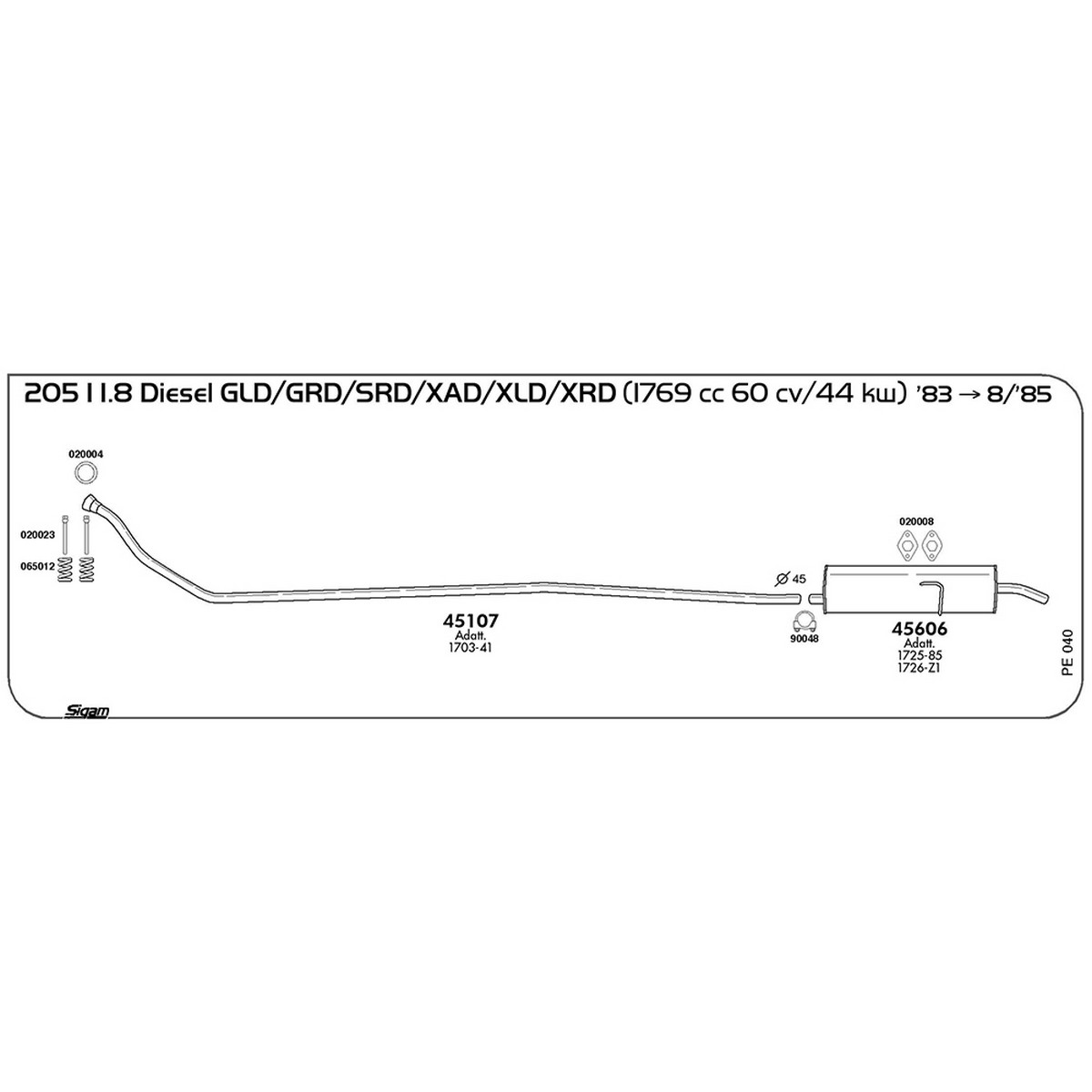 pe040 Tubo al collettore Peugeot 205 I 1.8 Diesel GLD / GRD / SRD / XAD / XLD / XRD 1769 cc 60 cv 44 kw 1983 -> 08/85 (45107) - immagine 1