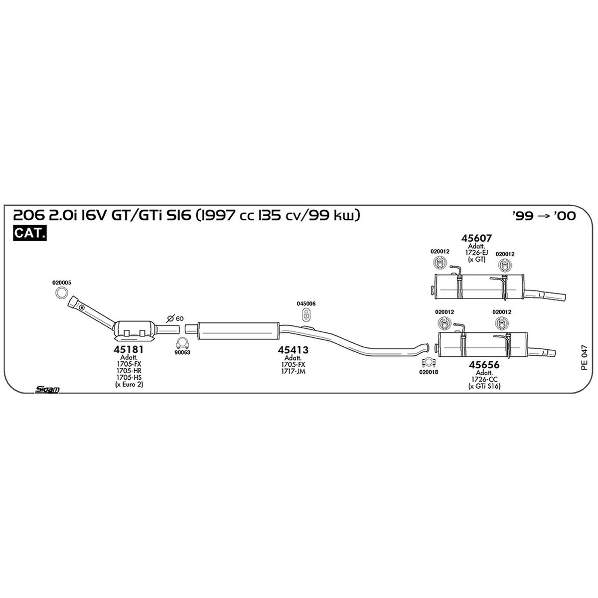 pe047 Marmitta centrale Peugeot 206 2.0i 16V GT / GTi / S16 1997 cc 135 cv 99 kw Cat 1999 -> 2000 (45413) - immagine 1