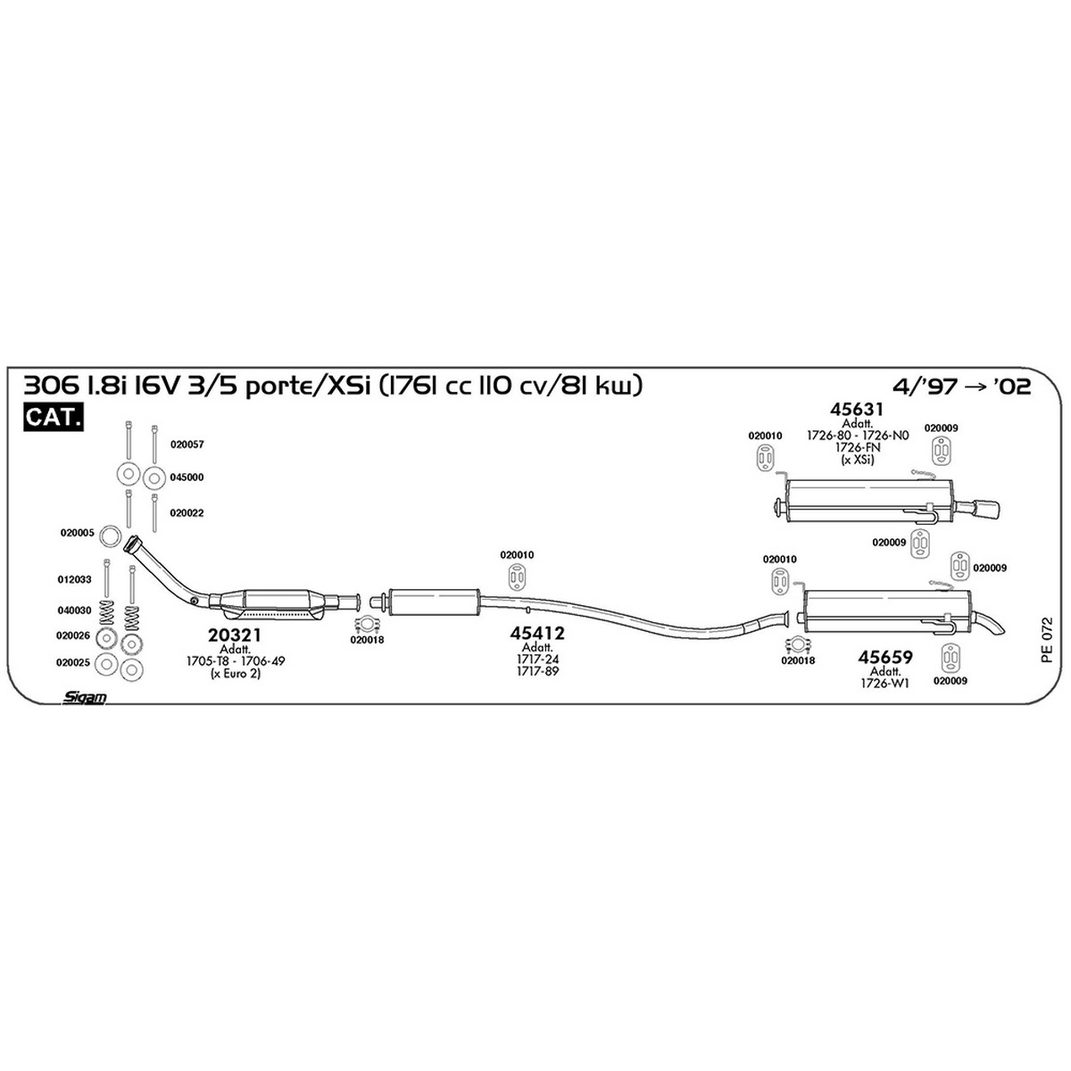 pe072 Marmitta centrale Peugeot 306 1.8i 16V / XSi 3 / 5 porte 1761 cc 110 cv 81 kw Cat 04/97 -> 2002 (45412) - immagine 1