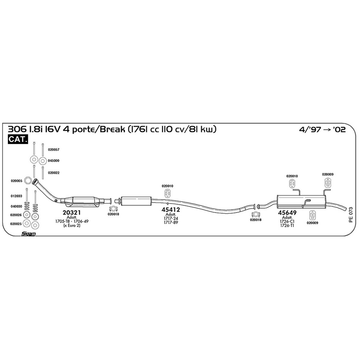 pe073 Marmitta centrale Peugeot 306 1.8i 16V 4 porte / Break 1761 cc 110 cv 81 kw Cat 04/97 -> 2002 (45412) - immagine 1