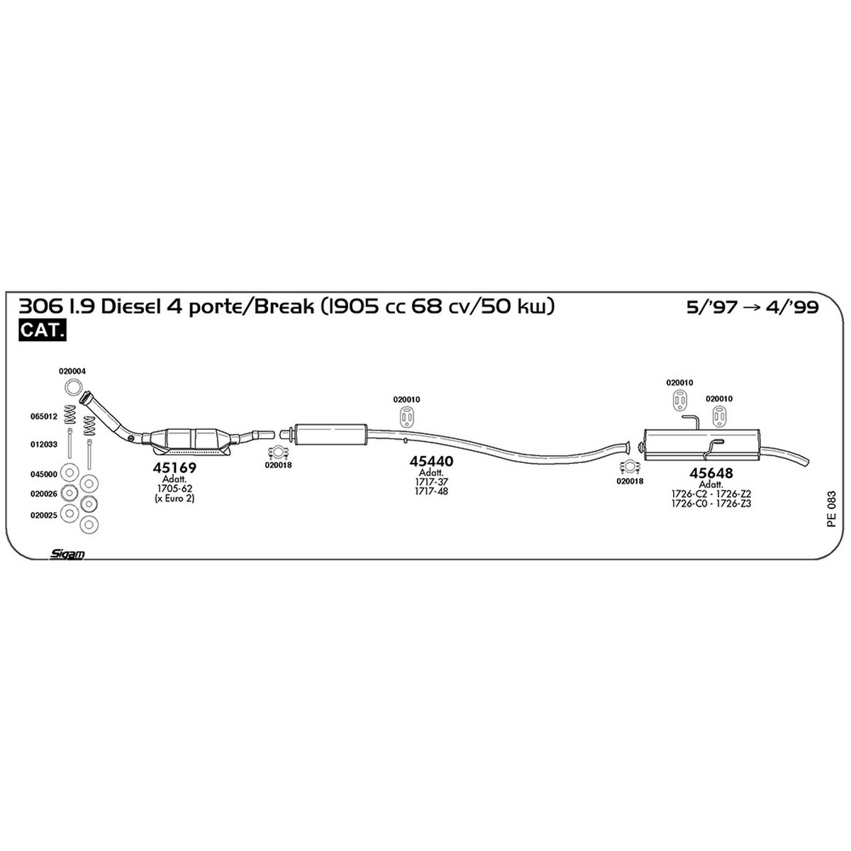 pe083 Marmitta centrale Peugeot 306 1.9 Diesel 4 porte / Break 1905 cc 68 cv 50 kw Cat 05/97 -> 04/99 (45440) - immagine 1