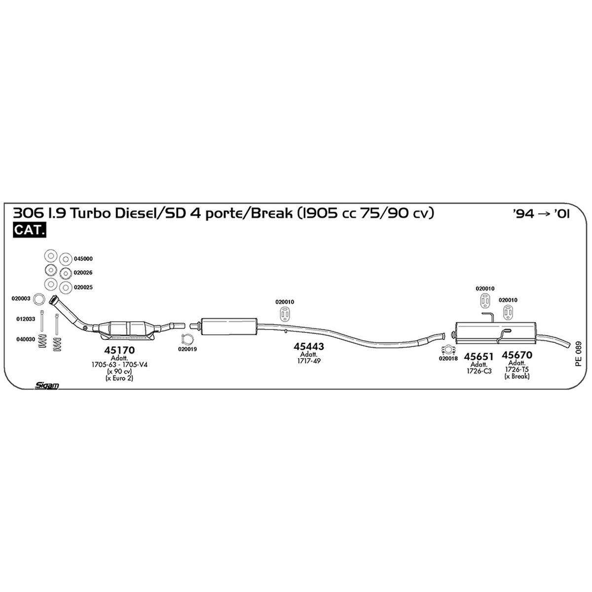 pe089 Marmitta centrale Peugeot 306 1.9 Turbo Diesel / SD 4 porte / Break 1905 cc 75 / 90 cv Cat 1994 -> 2001 (45443) - immagine 1