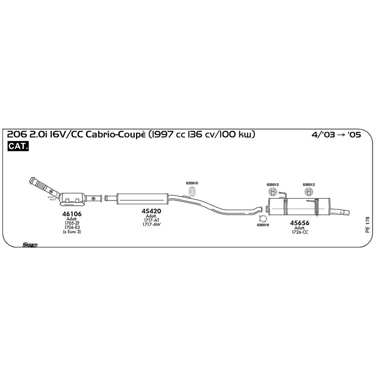 pe178 Marmitta centrale Peugeot 206 2.0i 16V / CC Cabrio Coupè 1997 cc 136 cv 100 kw Cat 04/03 -> 2005 (45420) - immagine 1