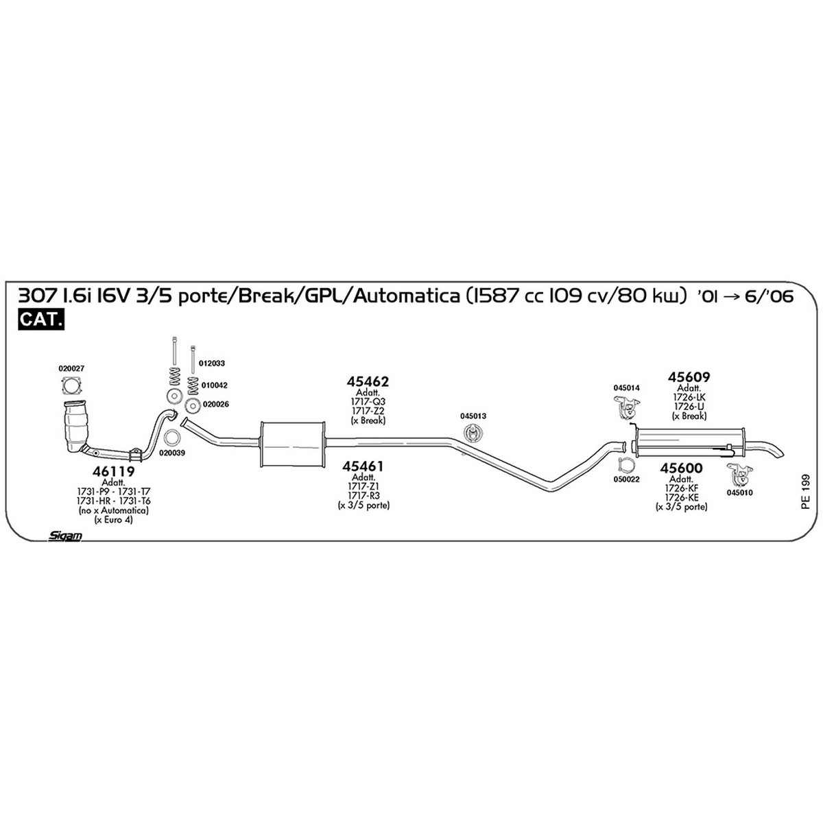 pe199 Marmitta centrale Peugeot 307 1.6i 16V 3 / 5 porte / Break / GPL / Automatica 1587 cc 109 cv 80 kw Cat 2001 -> 06/06 (45461) - immagine 1