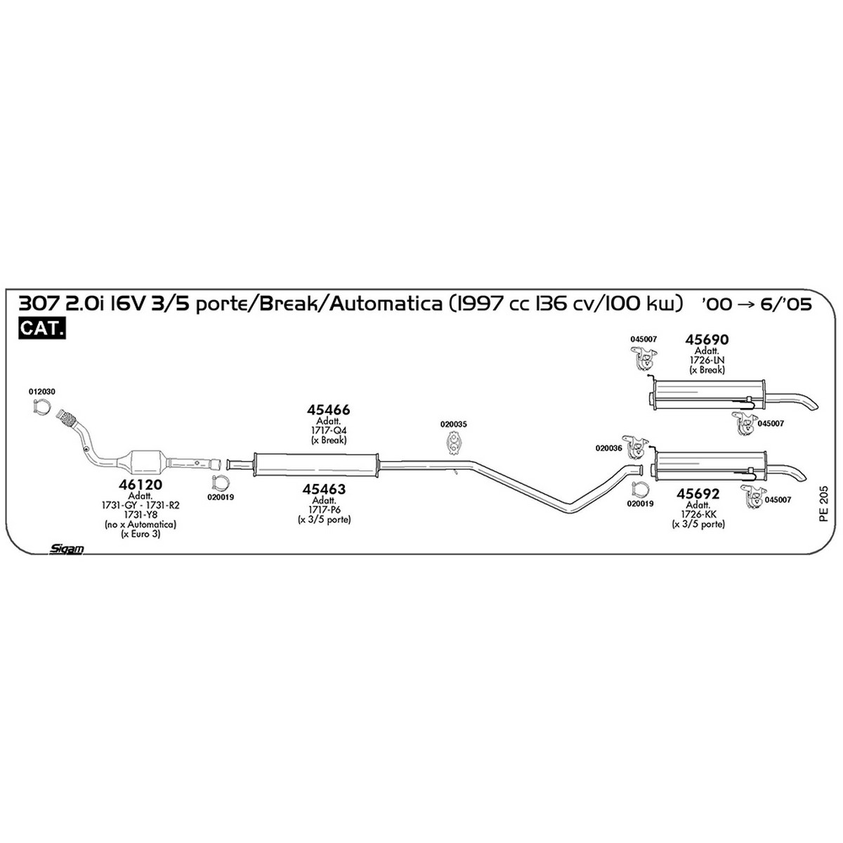 pe205 Marmitta centrale Peugeot 307 2.0i 16V 3 / 5 porte / Break / Automatica 1997 cc 136 cv 100 kw Cat 2000 -> 06/05 (45463) - immagine 1