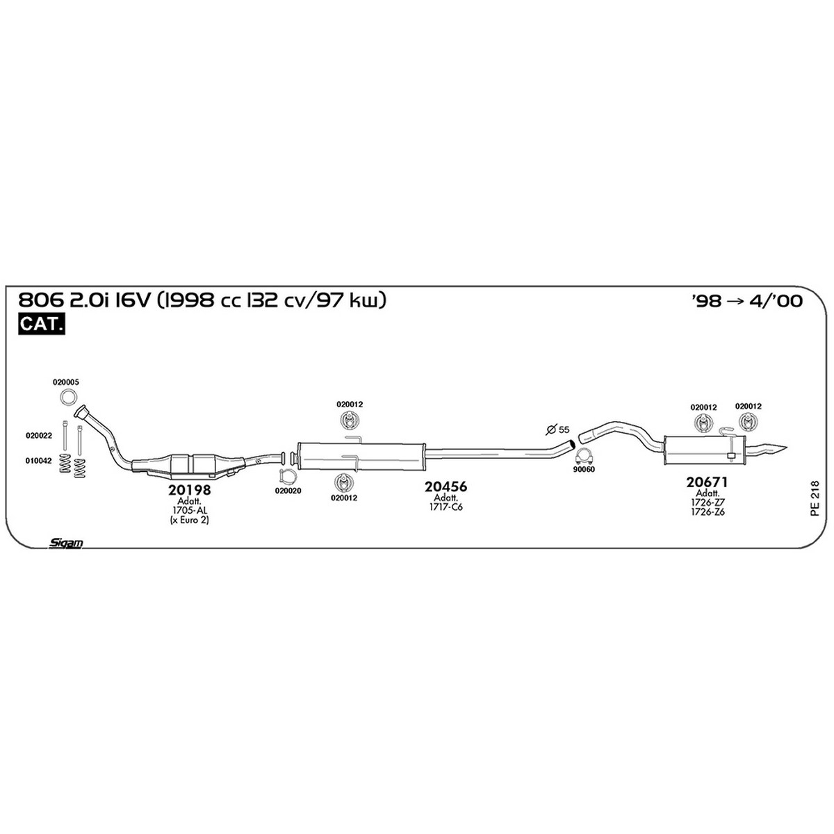 pe218 Marmitta posteriore Peugeot 806 2.0i 16V 1998 cc 132 cv 97 kw Cat 1998 -> 04/00 (20671) - immagine 1