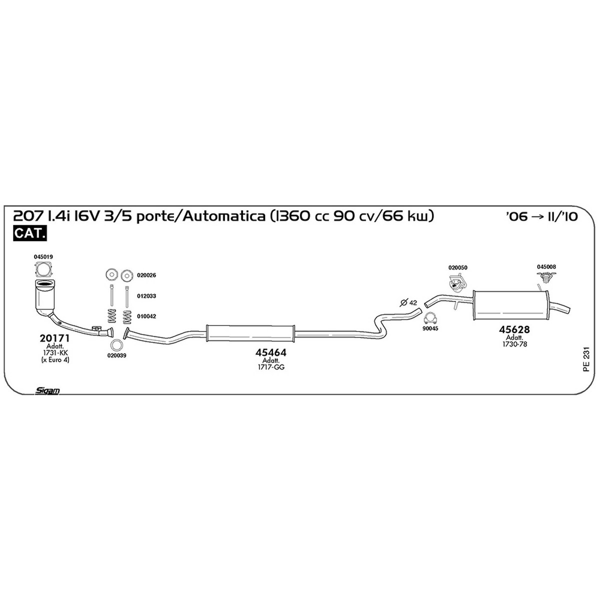 pe231 Marmitta posteriore Peugeot 207 1.4i 16V 3 / 5 porte / Automatica 1360 cc 90 cv 66 kw Cat 2006 -> 11/10 (45628) - immagine 1