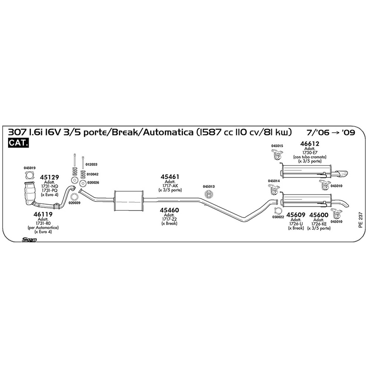 pe237 Marmitta centrale Peugeot 307 1.6i 16V 3 / 5 Porte / Break / Automatica1587 cc 110 cv 81 kw Cat 07/06 -> 2009 (45461) - immagine 1