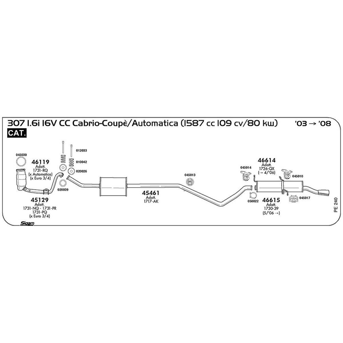 pe240 Marmitta centrale Peugeot 307 1.6i 16V CC Cabrio-Coupè / Automatica 1587 cc 109 cv 80 kw Cat 2003 -> 2008 (45461) - immagine 1