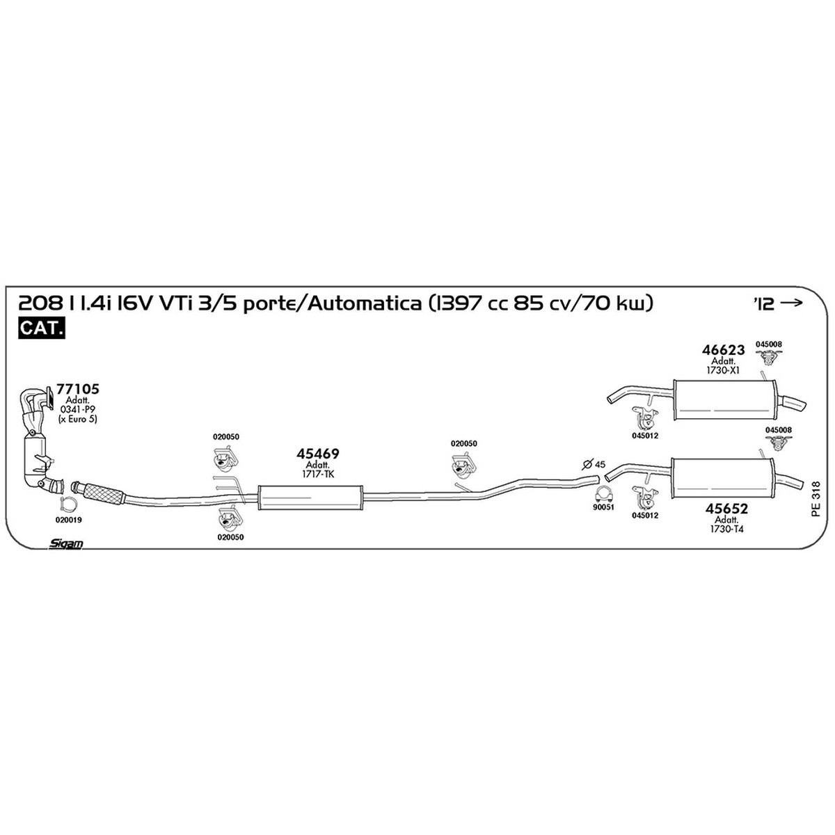 pe318 Marmitta centrale Peugeot 208 I 1.4i 16V VTi 3 / 5 porte / Automatica 1397 cc 95 cv 70 kw Cat 2012 -> (45469) - immagine 1