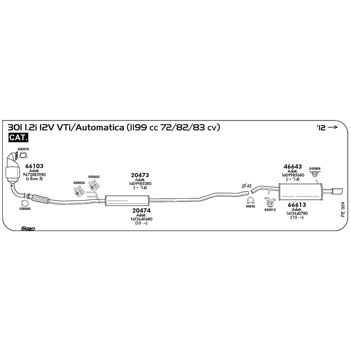 pe324 Marmitta posteriore Peugeot 301 1.2i 12V VTI / Automatica 1199 cc 72 / 82 / 83 cv Cat 2012 -> (46643) - immagine 1