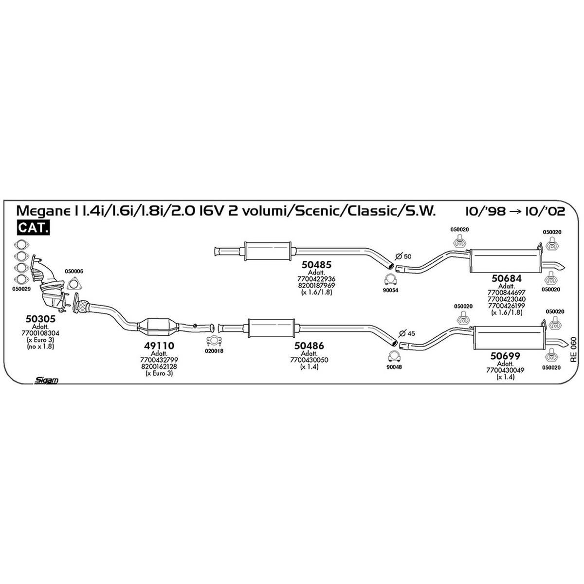 re060 Marmitta centrale Renault Megane I 2.0i 16V Scenic 1998 cc 139 cv 102 kw Cat 09/99 -> 08/03 (50485) - immagine 1