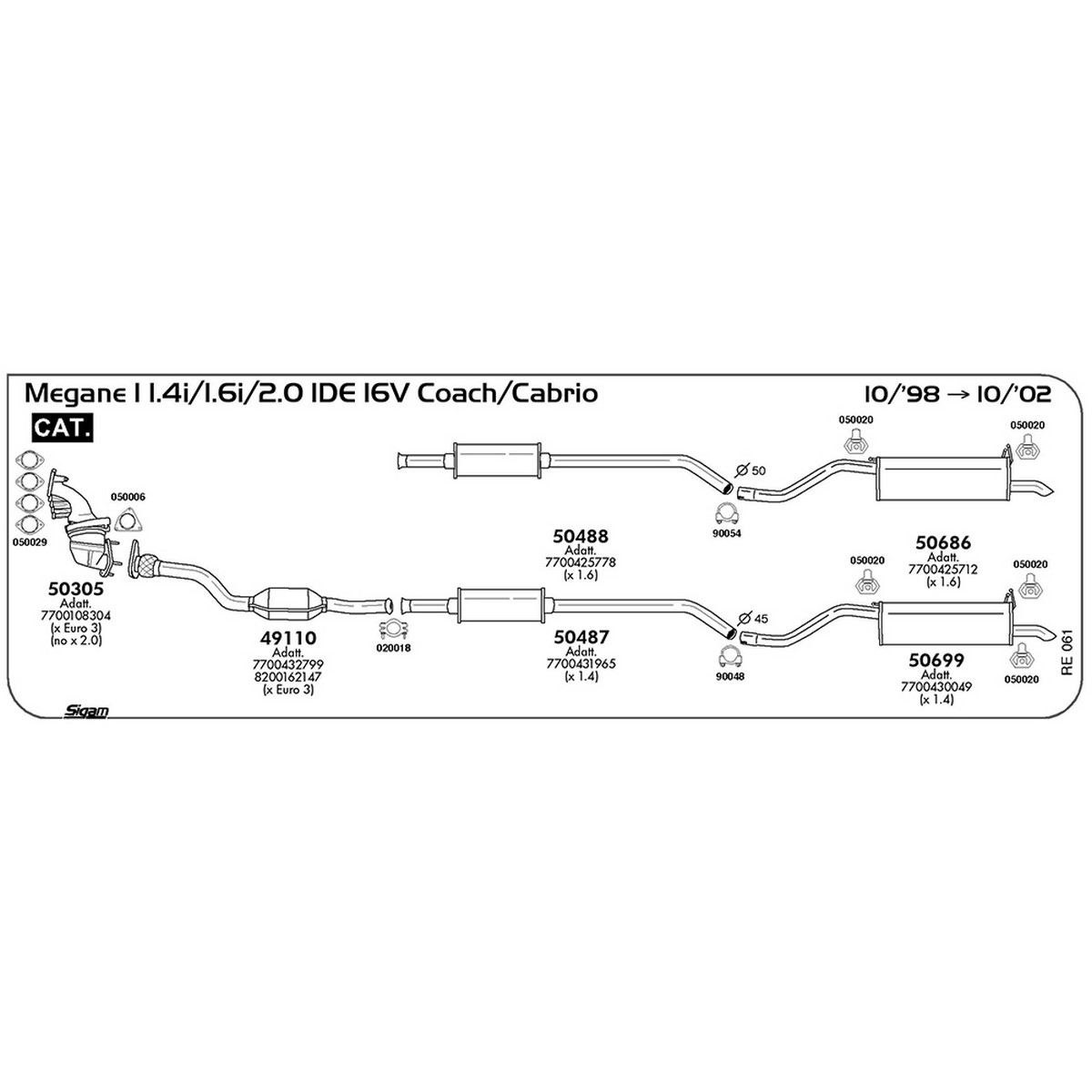 re061 Marmitta centrale Renault Megane I 1.4i 16V Coach / Cabrio 1390 cc 95 cv 70 kw Cat 10/98 -> 10/02 (50487) - immagine 1