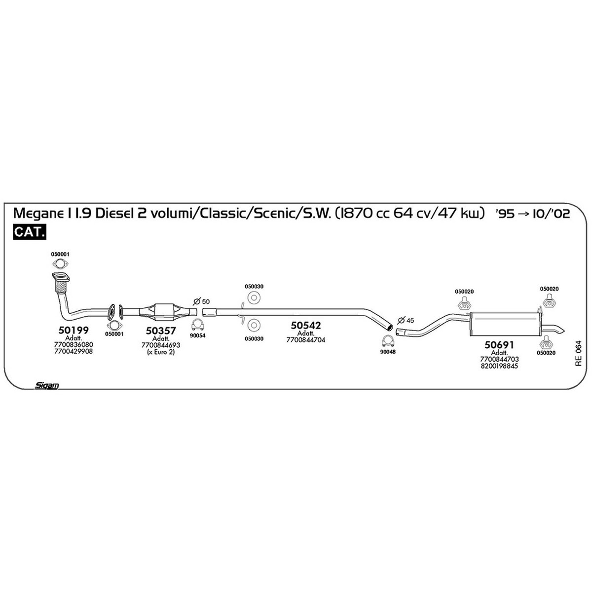 re064 Tubo al collettore Renault Megane I 1.9 Diesel 2 volumi / Classic / Scenic / S.W. 1870 cc 64 cv 47 kw Cat 1995 -> 10/02 (50199) - immagine 1