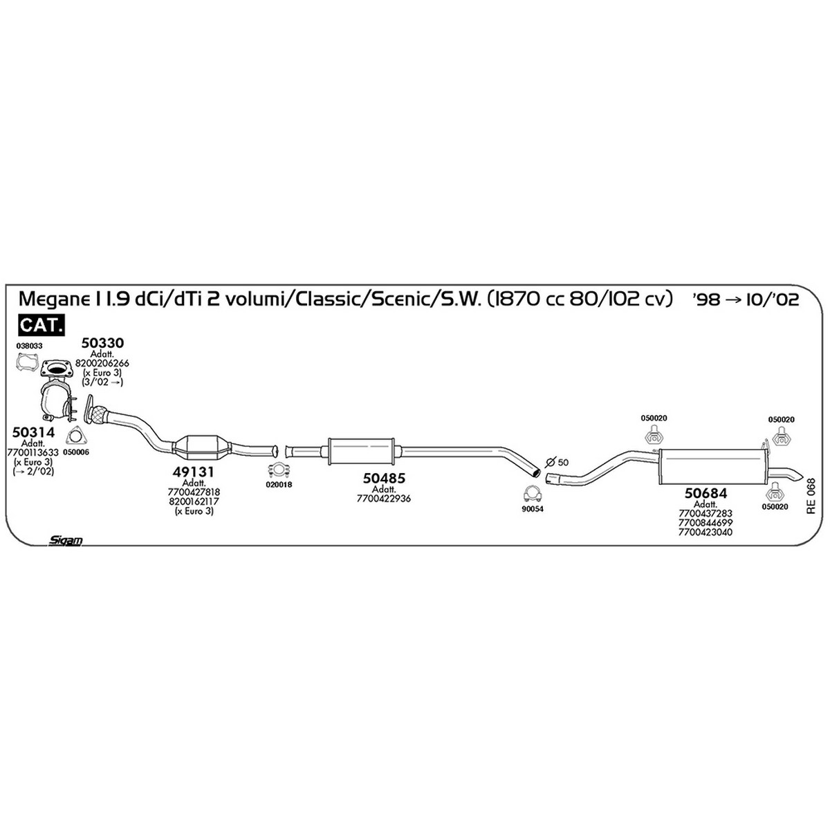 re068 Marmitta centrale Renault Megane I 1.9 dCi / dTi 2 volumi / Classic / Scenic / S.W. 1870 cc 80 / 102 cv Cat 1998 -> 10/02 (50485) - immagine 1