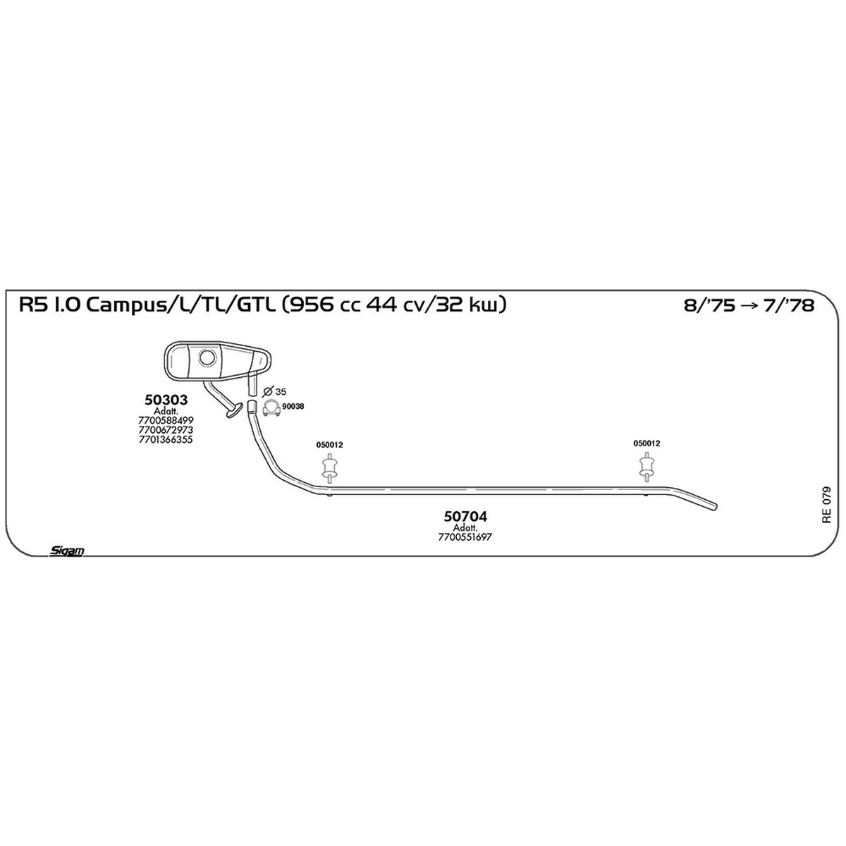re079 Marmitta anteriore Renault R5 1.0 Campus / L / TL / GTL 956 cc 44 cv 32 kw 08/75 -> 07/78 (50303) - immagine 1