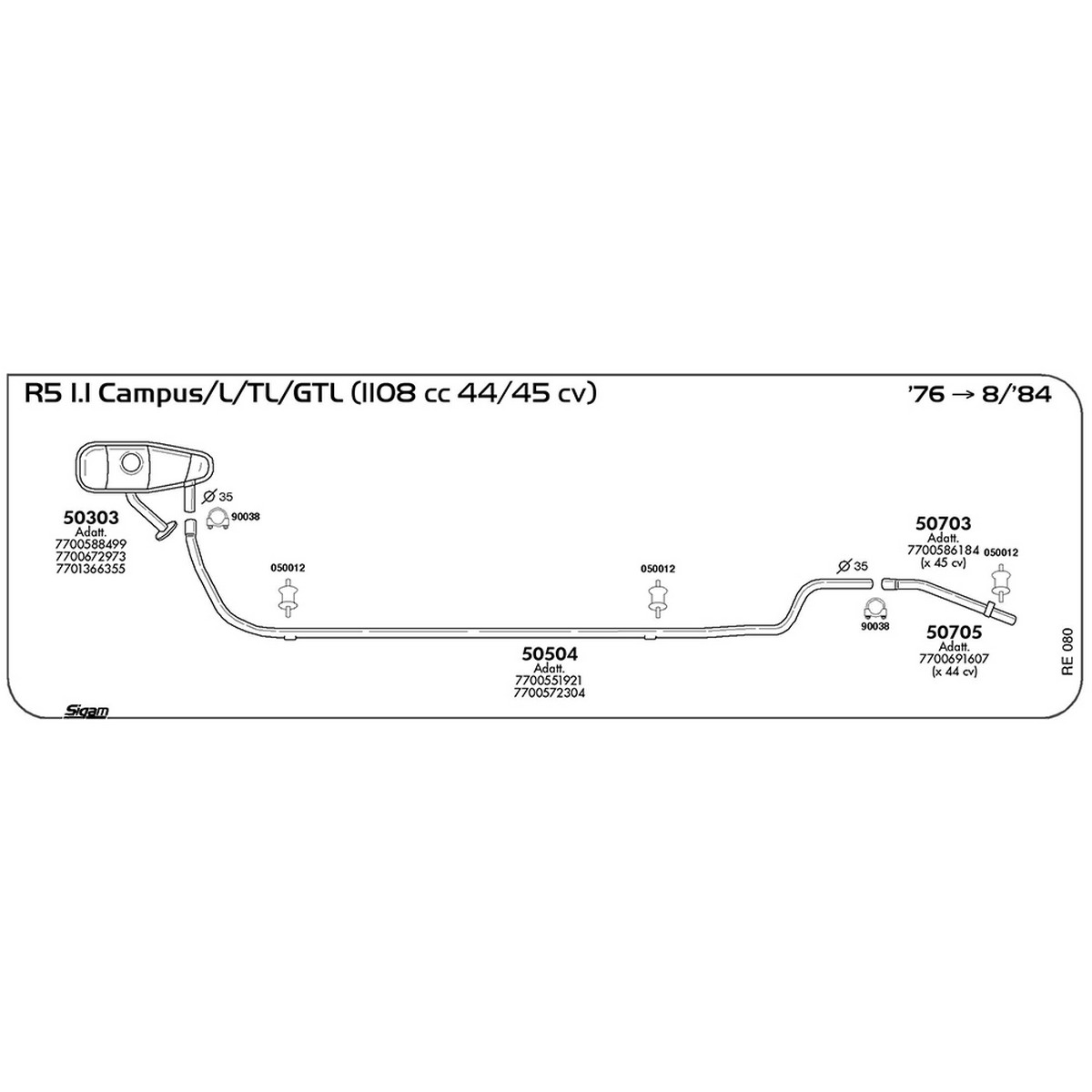 re080 Marmitta anteriore Renault R5 1.1 Campus / L / TL / GTL 1108 cc 44 / 45 cv 1976 -> 08/84 (50303) - immagine 1