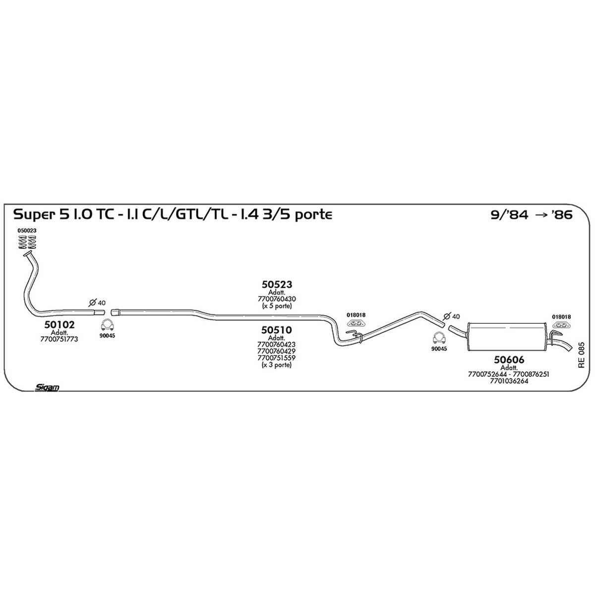 re085 Tubo al collettore Renault Super 5 1.0 C / GTL / L / TC / TL 3 / 5 porte 956 cc 41 cv 30 kw 09/84 -> 1986 (50102) - immagine 1