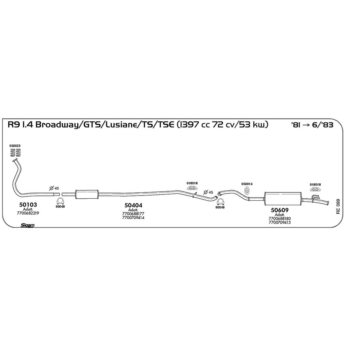 re099 Tubo al collettore Renault R9 1.4 Broadway / GTS / Lusiane / TS / TSE 1397 cc 72 cv 53 kw 1981 -> 06/83 (50103) - immagine 1