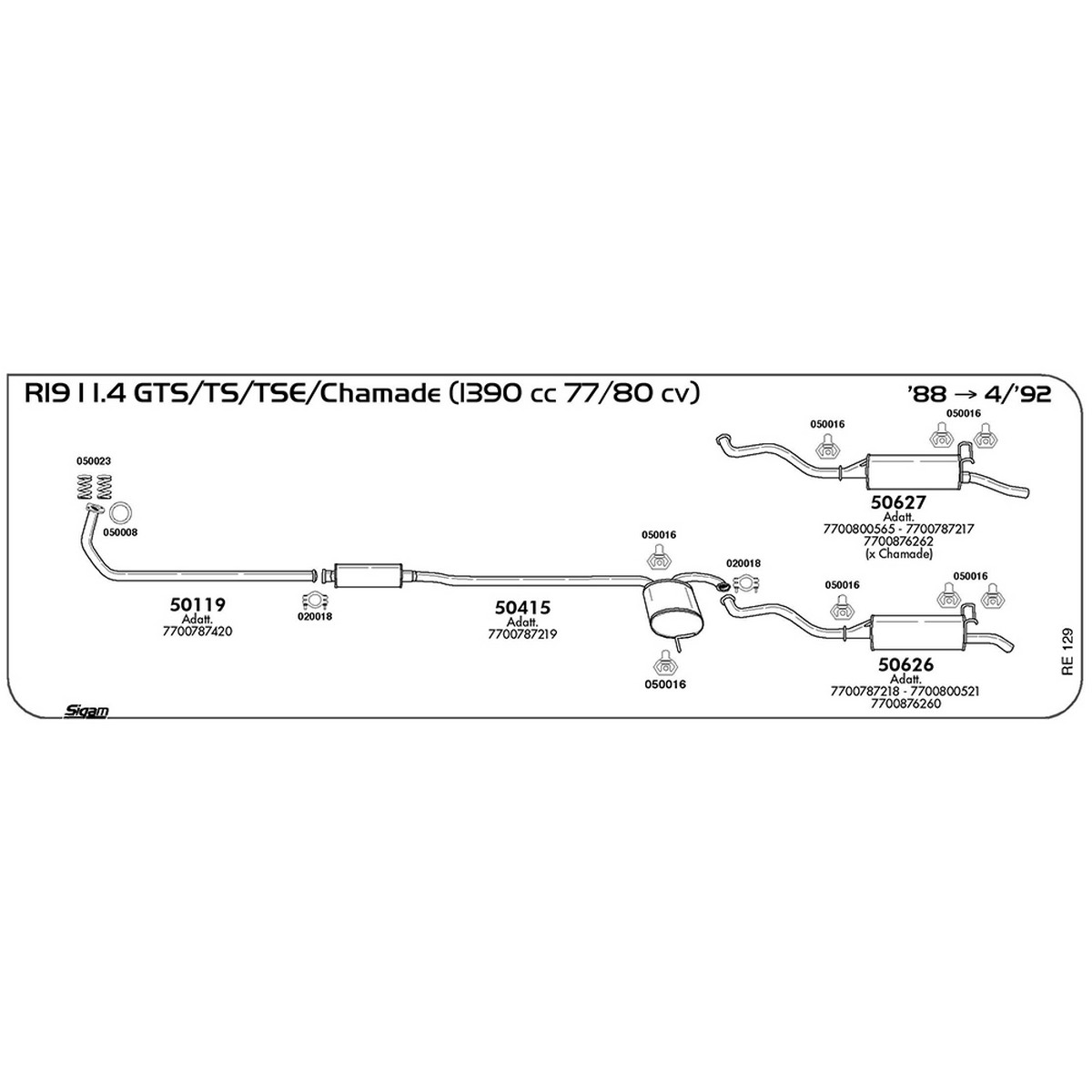 re129 Tubo al collettore Renault R19 I 1.4 GTS / TS / TSE / Chamade 1390 cc 77 / 80 cv 1988 -> 04/92 (50119) - immagine 1