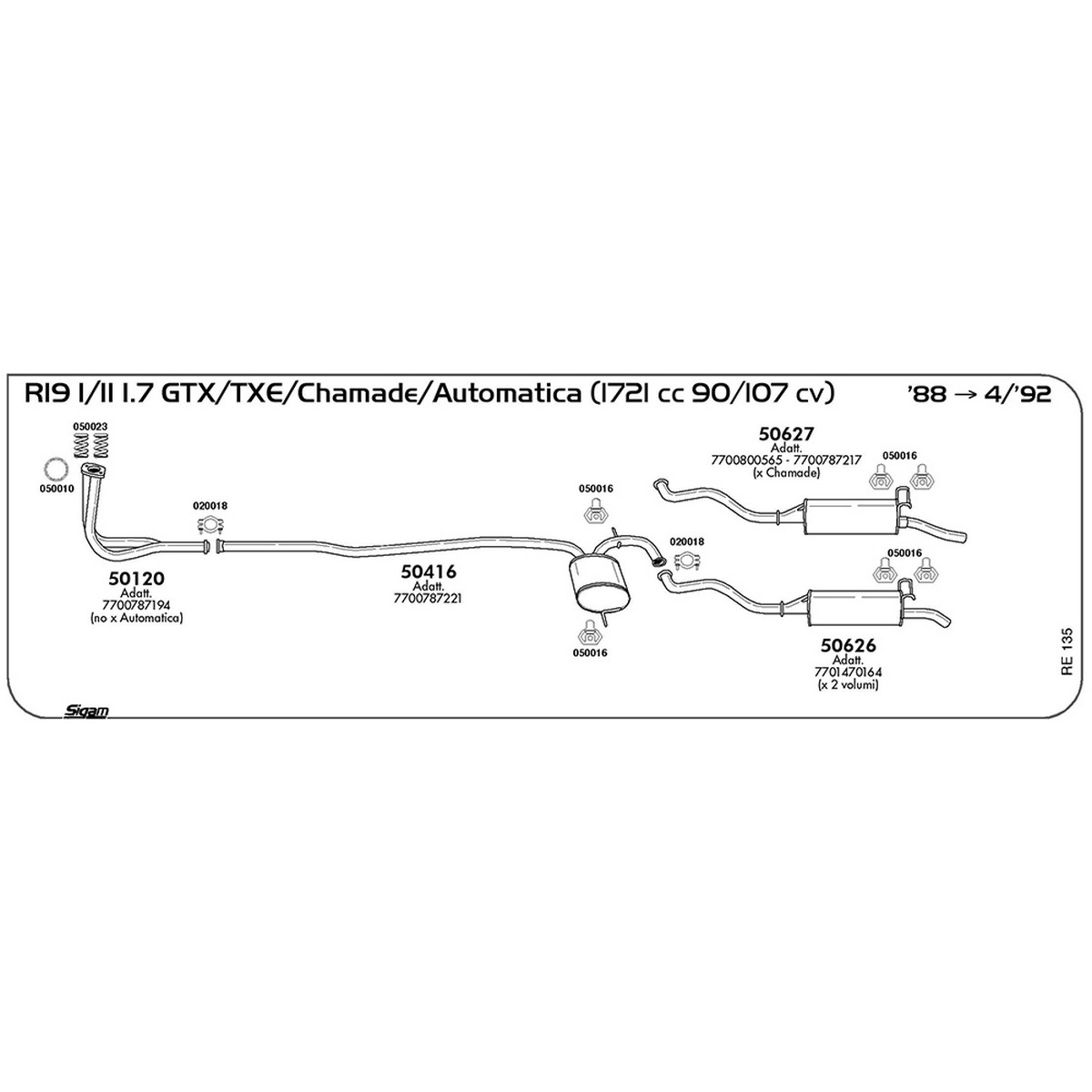 re135 Tubo al collettore Renault R19 I-II 1.7 GTX / TXE / Chamade / Automatica 1721 cc 90 / 107 cv 1988 -> 04/92 (50120) - immagine 1