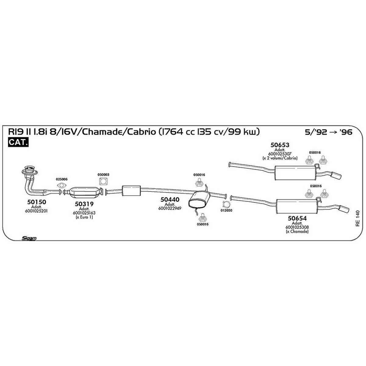 re140 Marmitta posteriore Renault R19 II 1.8i 8 / 16V / Chamade / Cabrio 1764 cc 135 cv 99 kw Cat 05/92 -> 1996 (50654) - immagine 1