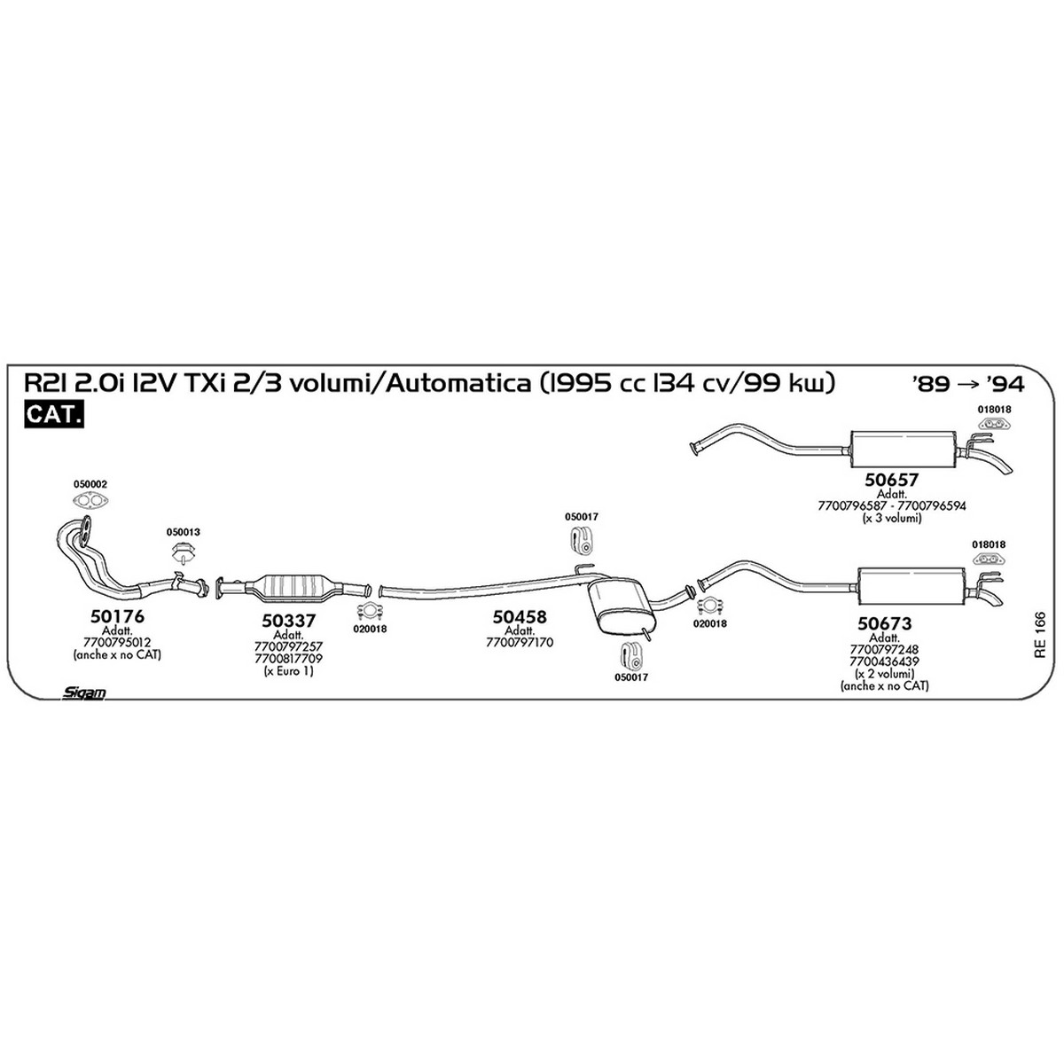 re166 Tubo al collettore Renault R21 2.0i 12V TXi 2 / 3 volumi / Automatica 1995 cc 134 cv 99 kw Cat 1989 -> 1994 (50176) - immagine 1