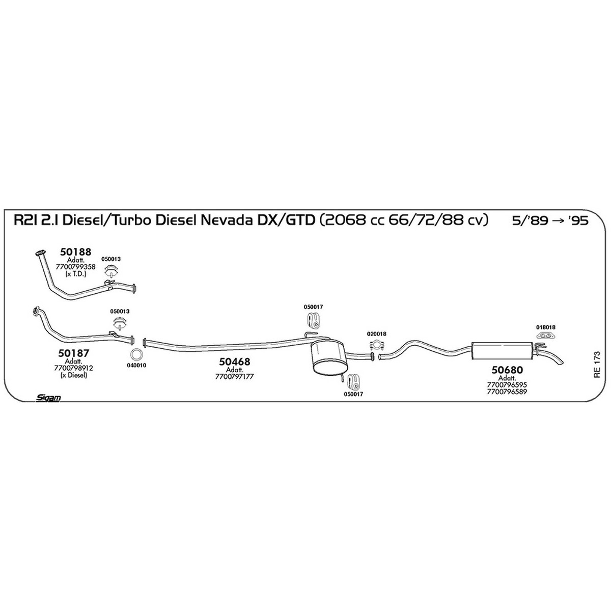 re173 Tubo al collettore Renault R21 2.1 Diesel / Turbo Diesel DX / GTD Nevada 2068 cc 66 / 72 / 88 cv 05/89 -> 1995 (50187) - immagine 1