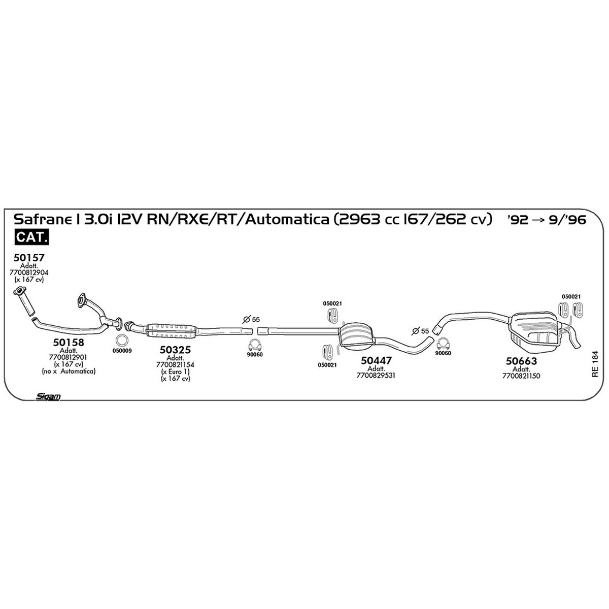 re184 Marmitta centrale Renault Safrane I 3.0i 12V RN / RT / RXE 2963 cc 167 / 262 cv Cat 1992 -> 09/96 (50447) - immagine 1