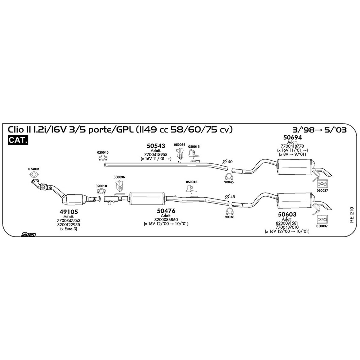 re219 Tubo intermedio Renault Clio II 1.2i / 16V 3 / 5 porte / GPL 1149 cc 58 / 60 / 75 cv Cat 03/98 -> 05/03 (50543) - immagine 1