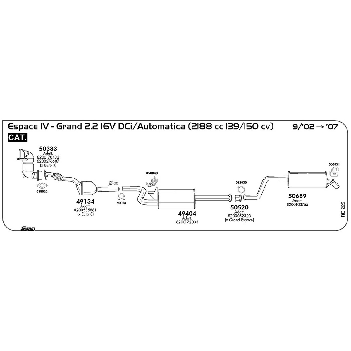 re225 Marmitta centrale Renault Espace IV 2.2 16V DCi / Automatica 2188 cc 139 / 150 cv Cat 09/02 -> 2007 (49404) - immagine 1