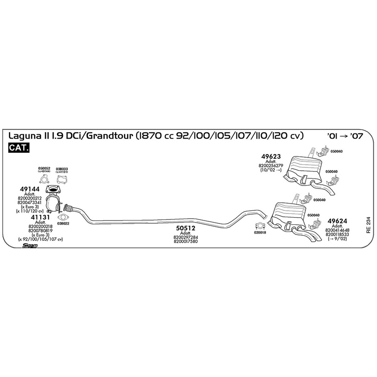 re234 Tubo intermedio Renault Laguna II 1.9 DCi / Grandtour 1870 cc 92 / 100 / 105 / 107 / 110 / 120 cv Cat 2001/2007 (50512) - immagine 1